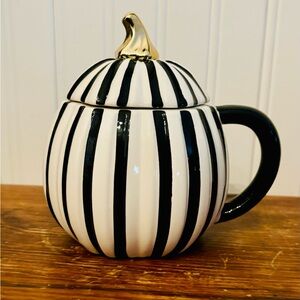 Cute Striped Lidded Pumpkin Mug with Gold Stem Accent